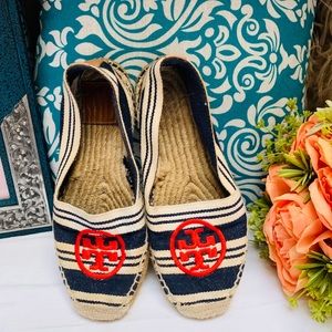 Tory Burch Navy Blue Striped Espadrille Flat